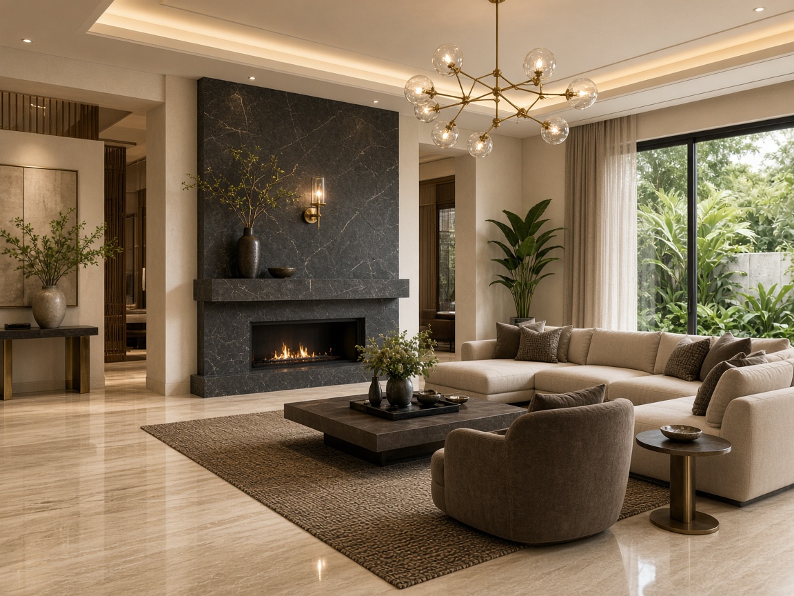 Luxury residential interior with travertine and brass
