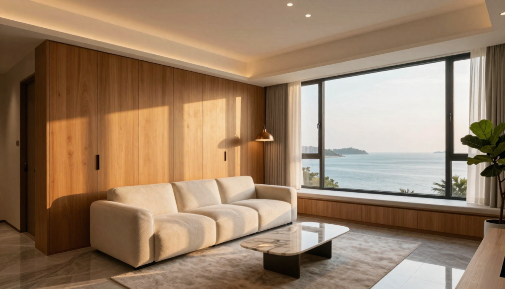 Compact Penang condo living room with floor-to-ceiling oak storage wall, window-seat bench and sea view