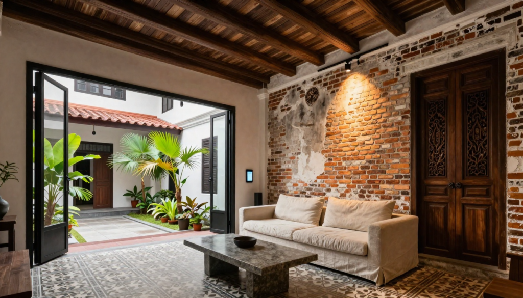 Heritage Penang shophouse interior with exposed brick wall, timber beams, patterned tiles and courtyard air-well